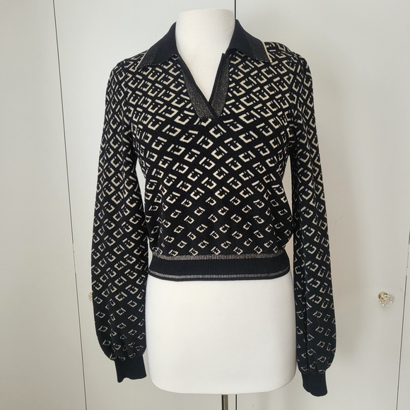 Diane Von Furstenberg Sweaters - Diane von Furstenberg Duffy Collared V Neck Sweater Black Metallic Geometric Sm
